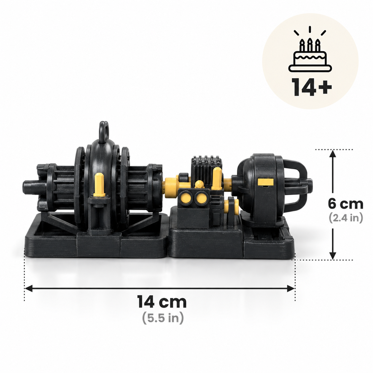 Shows the dimensions 14 cm length and 6 cm height