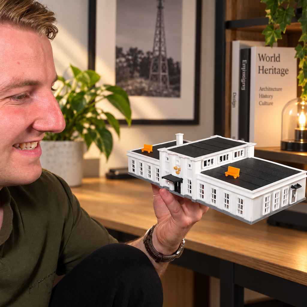 Person lookin at the assembled building kit