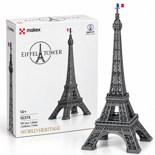 Package with the Eiffeltower building kit next to it