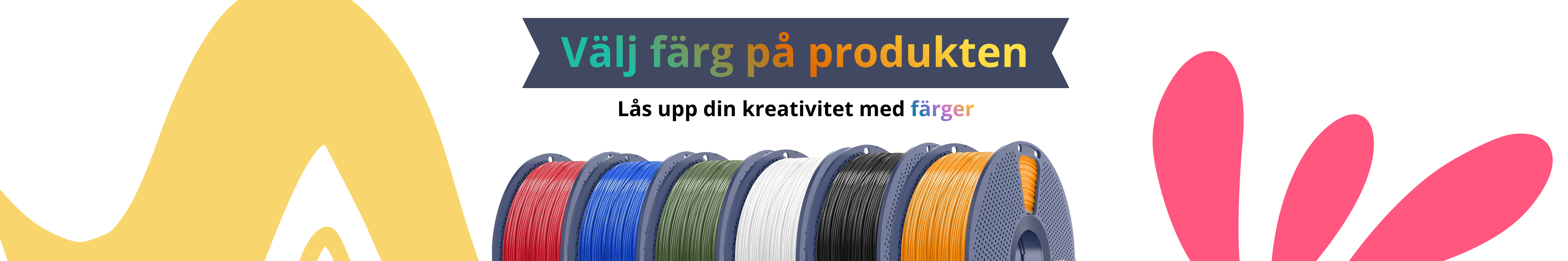 Banner showing the colors makex offer: orange, red, black, white, and blue