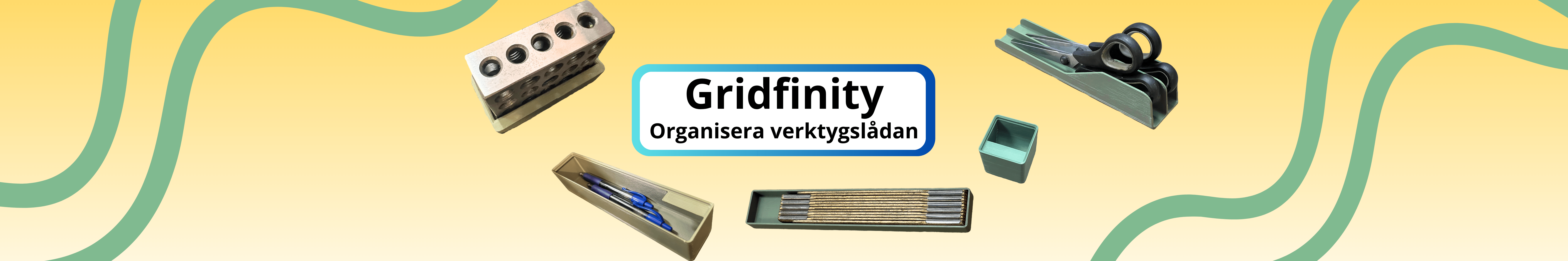 Banner showing gridfinity compatible product, which are used to organize in workshops